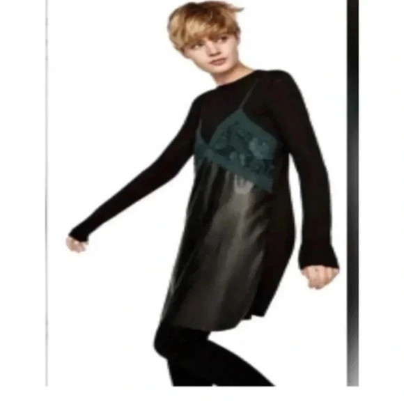 Zara Black Green Faux Leather Crochet  Slip Mini Dress medium 8843/722 - Picture 1 of 5